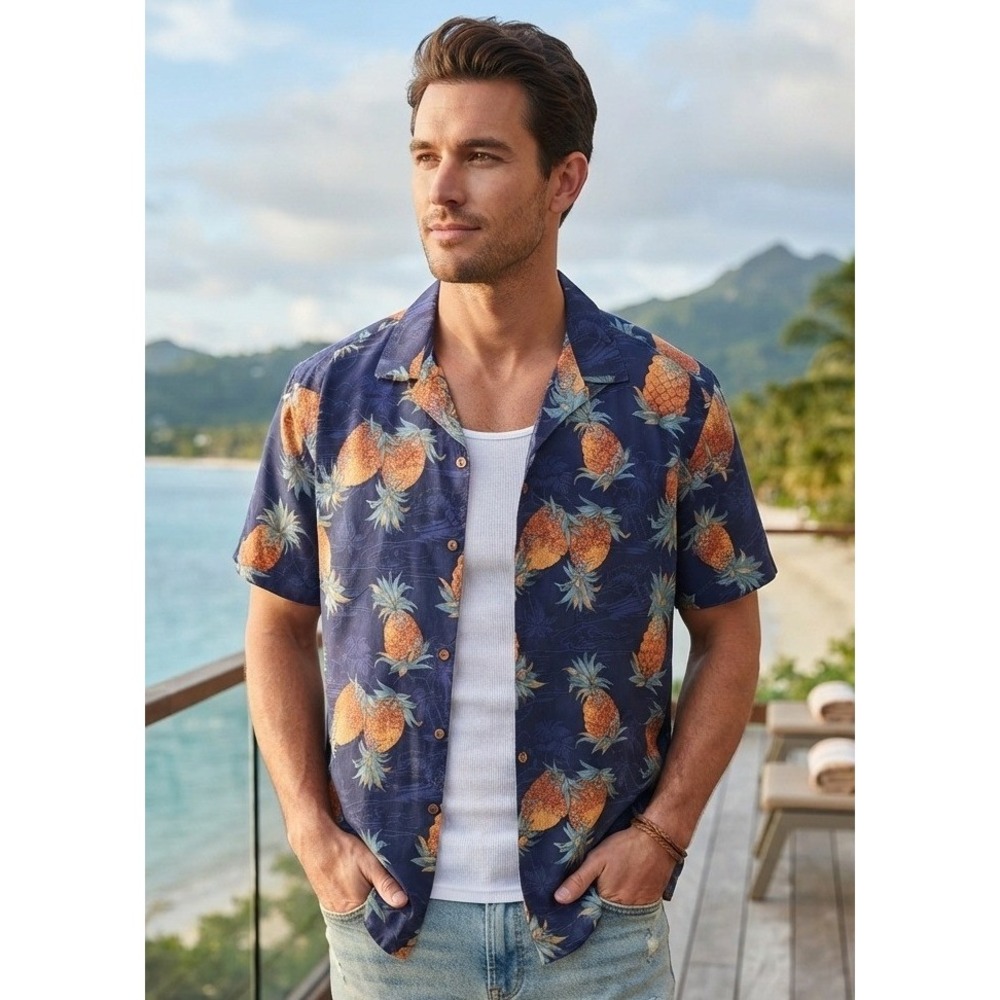 Vintage Paradise Found for LL Bean Shirt Men's L Hawaiian Aloha Cotton Pineapple